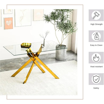 51.18" Rectangular Glass Dining Table, Tempered Glass, Metal Legs