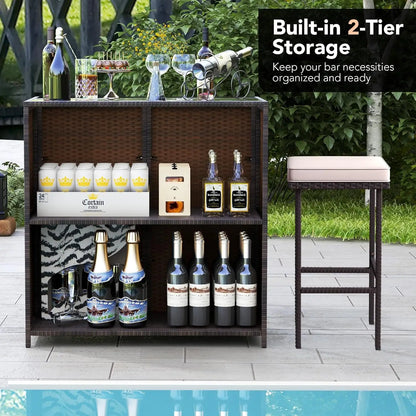 3 Piece Rattan Patio Bar, Table, and 2 Stools