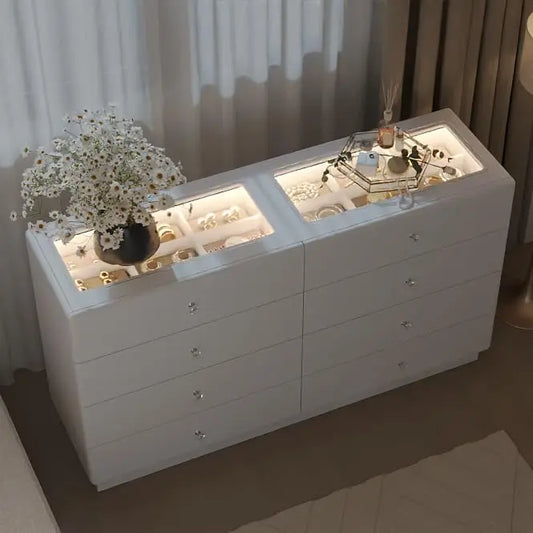 "White 53" Dresser w/Glass Top & 8 Drawers - Modern Wood