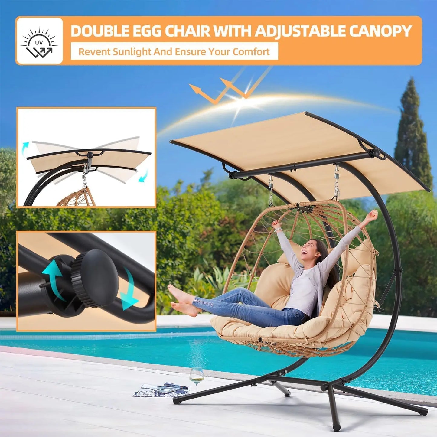 Oversized Double Egg Chair, Adjustable Canopy Swing Chair