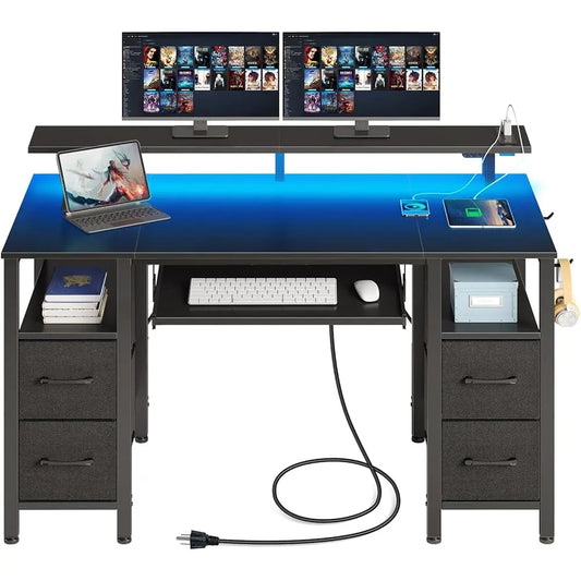 Computer Desk 47.2"" With Led Lights & Power Outlets