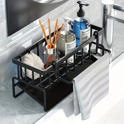 Multi-Functional Sink Caddy Organizer 9.1"Wide for Kitchen Storage Sponge Drain Rack with Dishcloth Holder for Space Saving