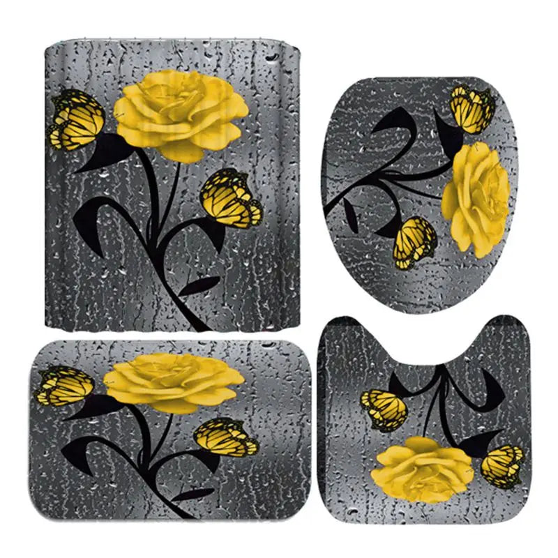 4pcs Doormat, Shower Curtain, Non-Slip Rugs Toilet Seat