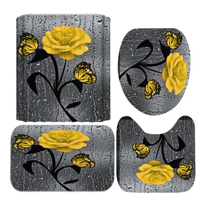 4pcs Doormat, Shower Curtain, Non-Slip Rugs Toilet Seat