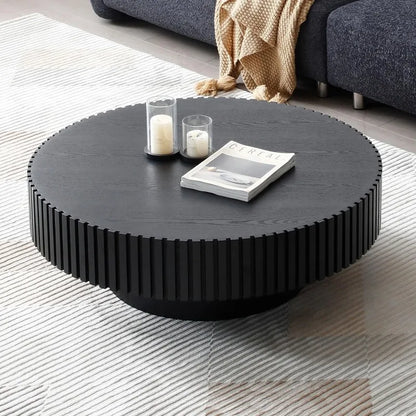 39.37'' Black Round Coffee Table, Handcrafted Fluted Circle Drum