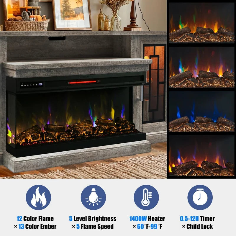 75" Electric Fireplace TV Stand, Modern Media Entertainment Center