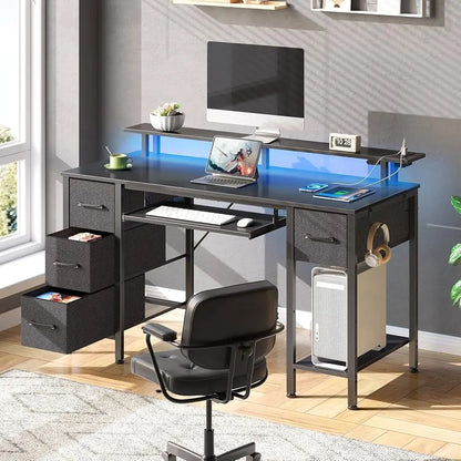 Computer Desk 47.2"" With Led Lights & Power Outlets