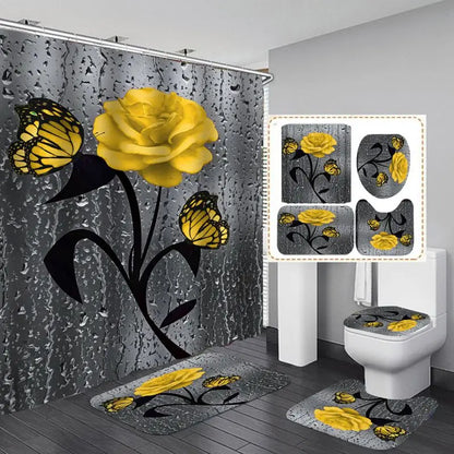 4pcs Doormat, Shower Curtain, Non-Slip Rugs Toilet Seat