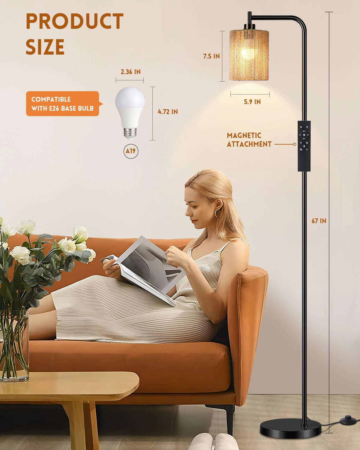 67''Boho Arc Floor Lamp With Remote Control, Rope Shade,