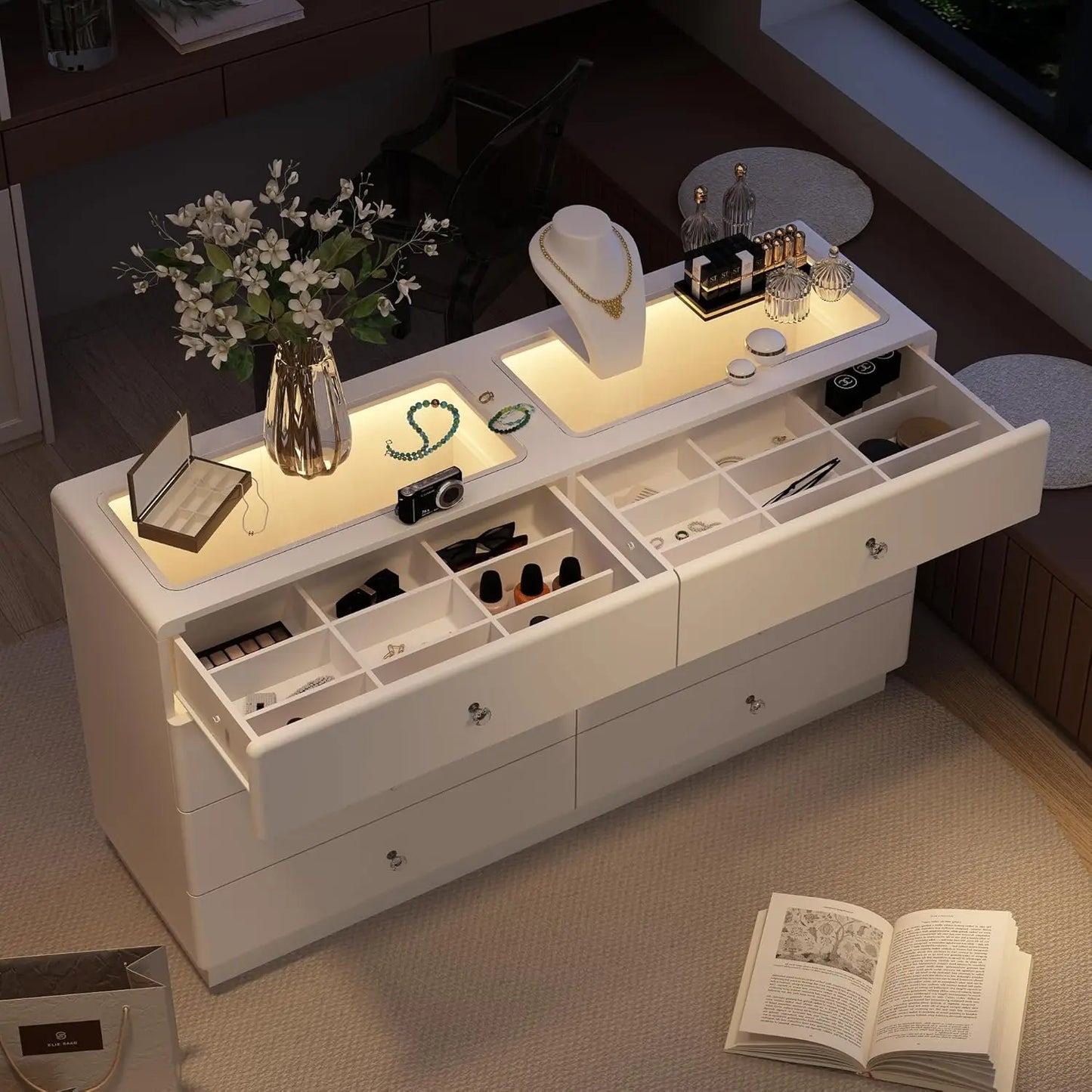 "White 53" Dresser w/Glass Top & 8 Drawers - Modern Wood