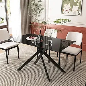 51.18" Rectangular Glass Dining Table, Tempered Glass, Metal Legs
