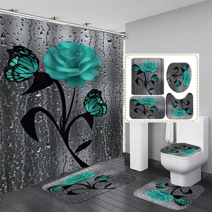 4pcs Doormat, Shower Curtain, Non-Slip Rugs Toilet Seat