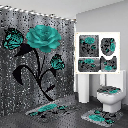 4pcs Doormat, Shower Curtain, Non-Slip Rugs Toilet Seat