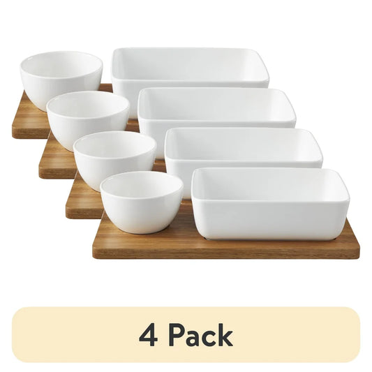 4 Pack Ceramic Chip Dip Bowl Set & Acacia Tray