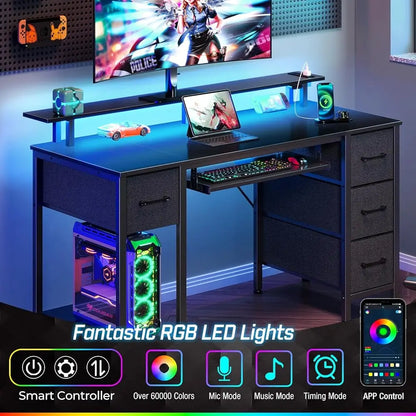 Computer Desk 47.2"" With Led Lights & Power Outlets