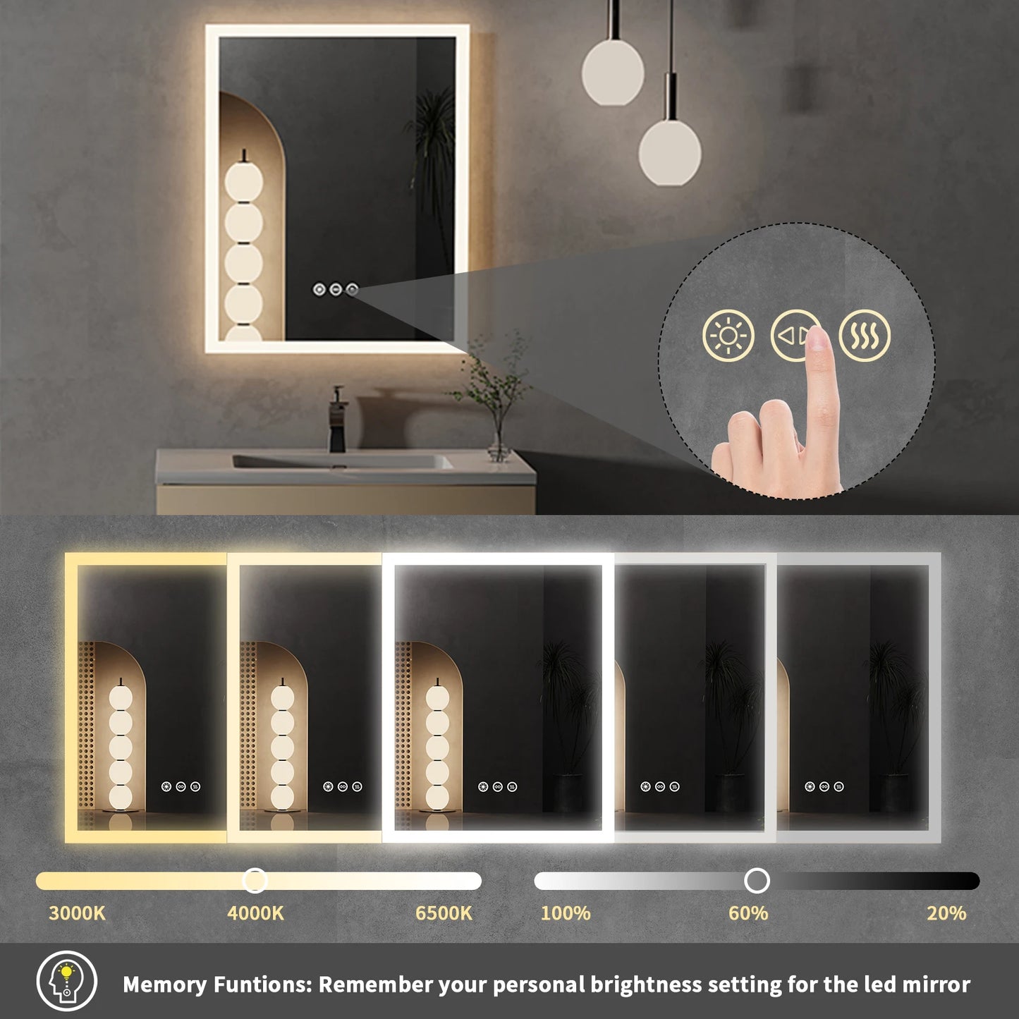 16x20 " LED Lighted Bathroom Mirror with Anti-Fog
