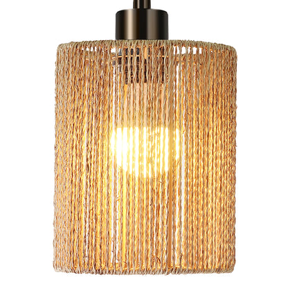 67''Boho Arc Floor Lamp With Remote Control, Rope Shade,