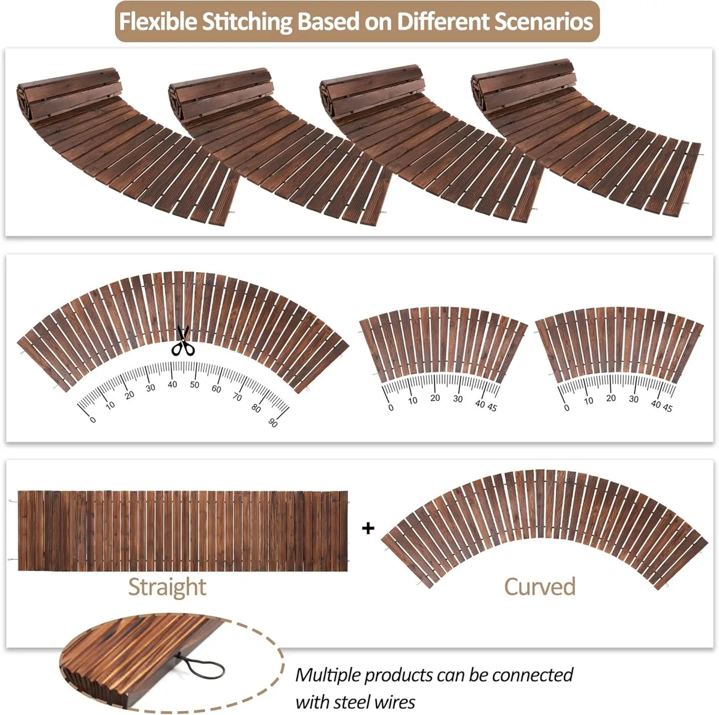 8FT Wooden Garden Pathway Curved Outdoor Walkway Patio Path