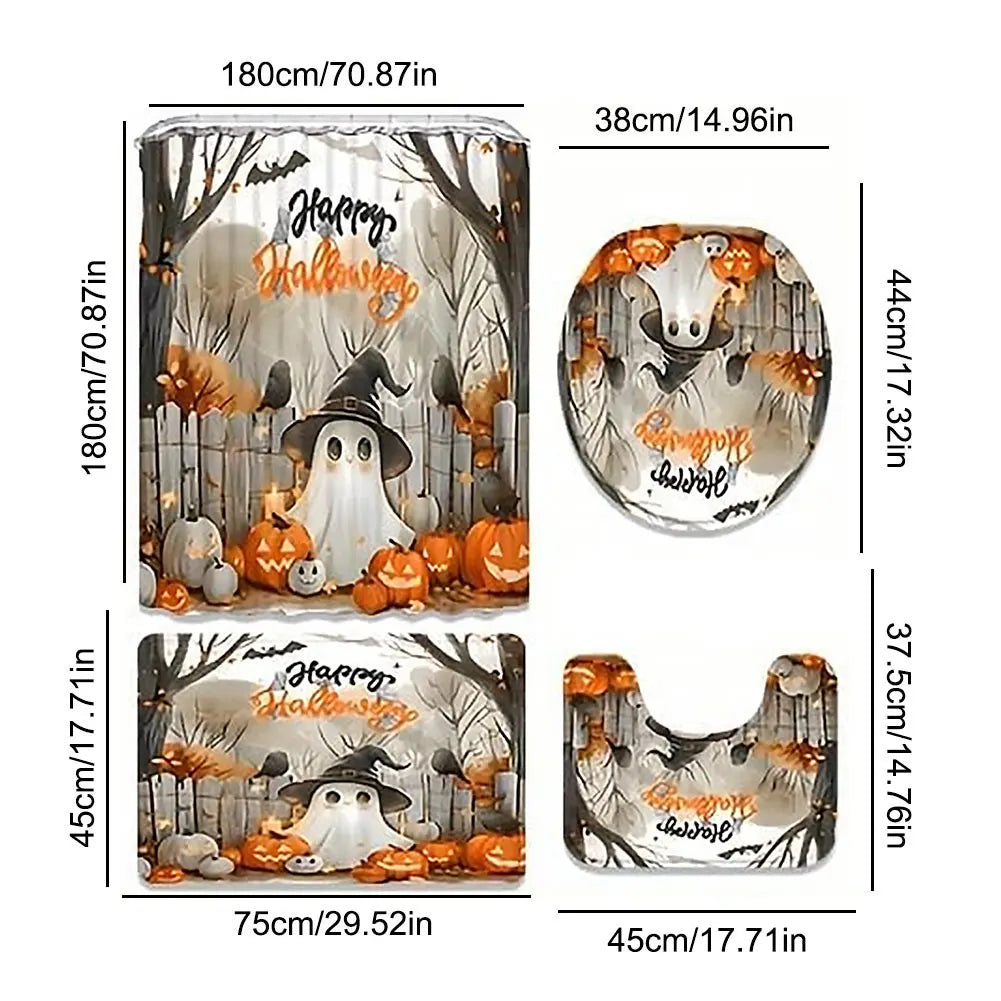 Cute Cartoon Ghost Shower Curtain Set Halloween Bathroom Curtain Polyester Fabric Bathtub Curtain with Hooks for Bathroom Decor