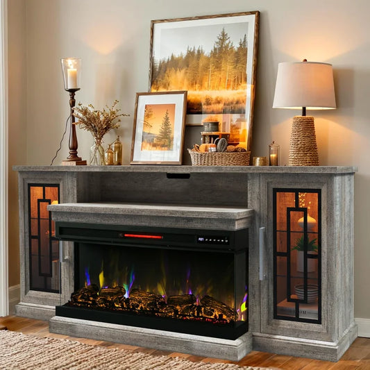 75" Electric Fireplace TV Stand, Modern Media Entertainment Center