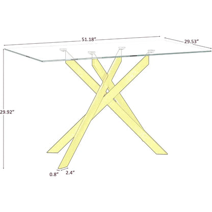 51.18" Rectangular Glass Dining Table, Tempered Glass, Metal Legs