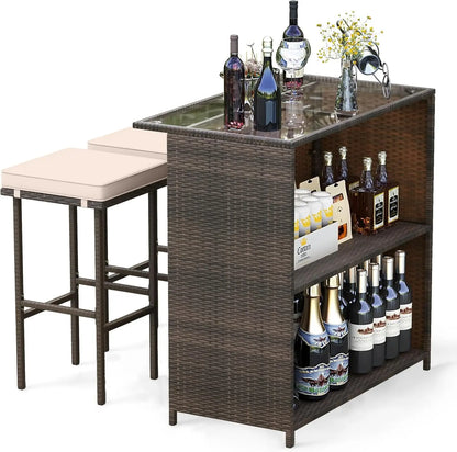 3 Piece Rattan Patio Bar, Table, and 2 Stools