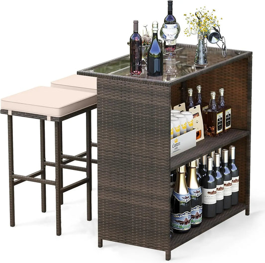 3 Piece Rattan Patio Bar, Table, and 2 Stools