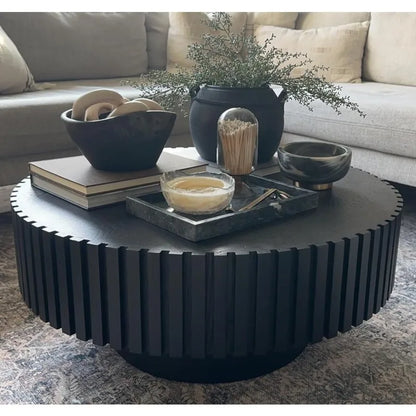 39.37'' Black Round Coffee Table, Handcrafted Fluted Circle Drum
