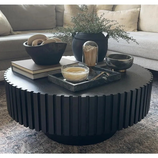 39.37'' Black Round Coffee Table, Handcrafted Fluted Circle Drum