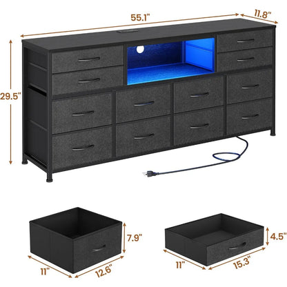 LED TV Stand Dresser for Bedroom w/Power Outlets