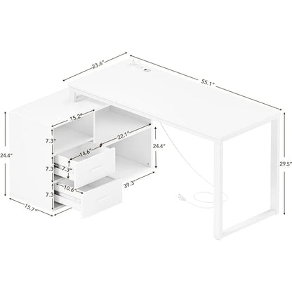 L Shaped Desk with Drawers&Shelves, 55'' Corner Desk