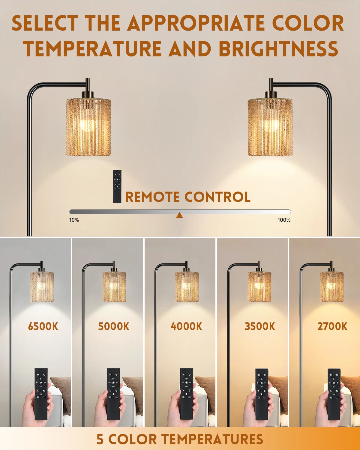67''Boho Arc Floor Lamp With Remote Control, Rope Shade,