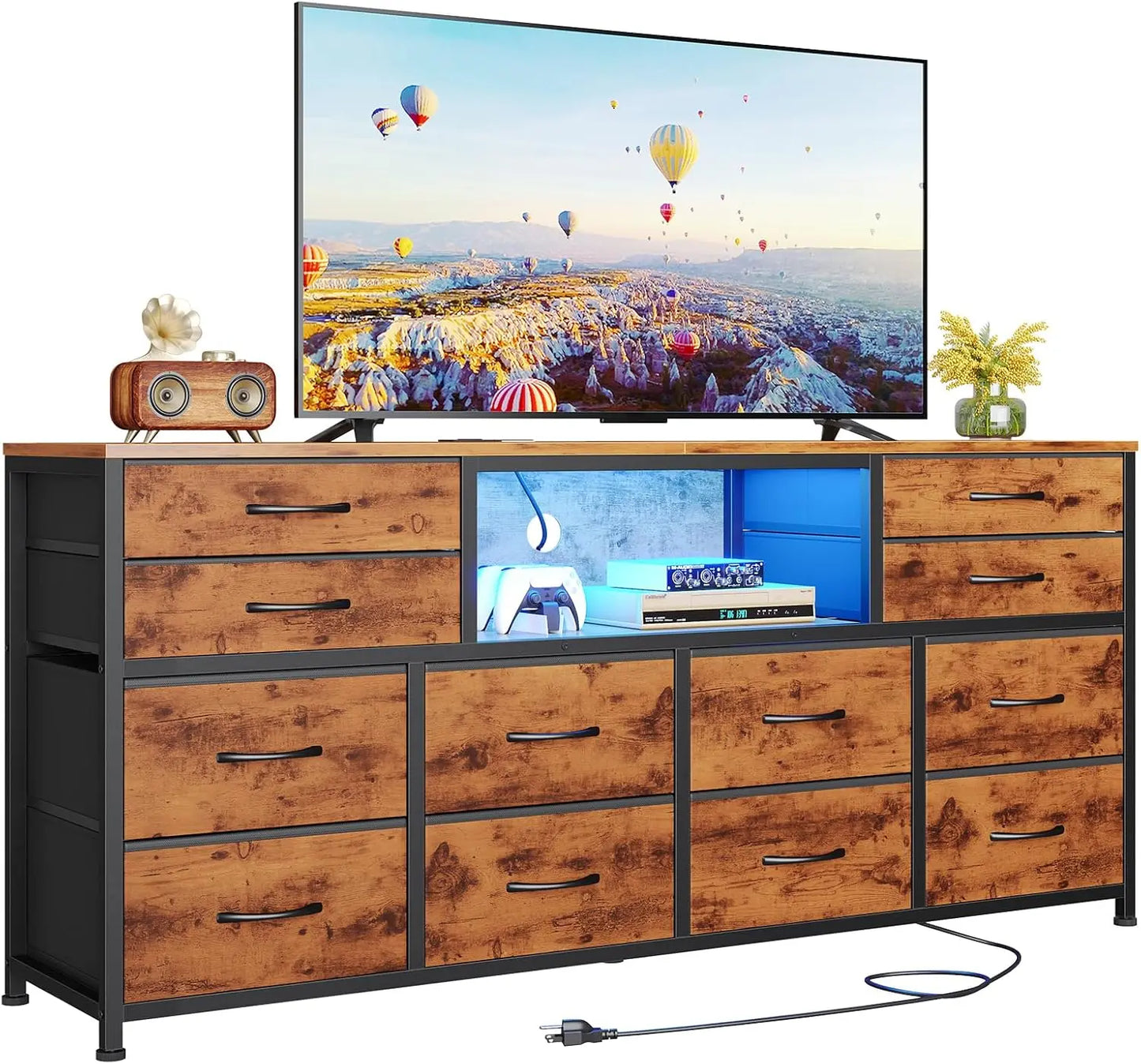 LED TV Stand Dresser for Bedroom w/Power Outlets