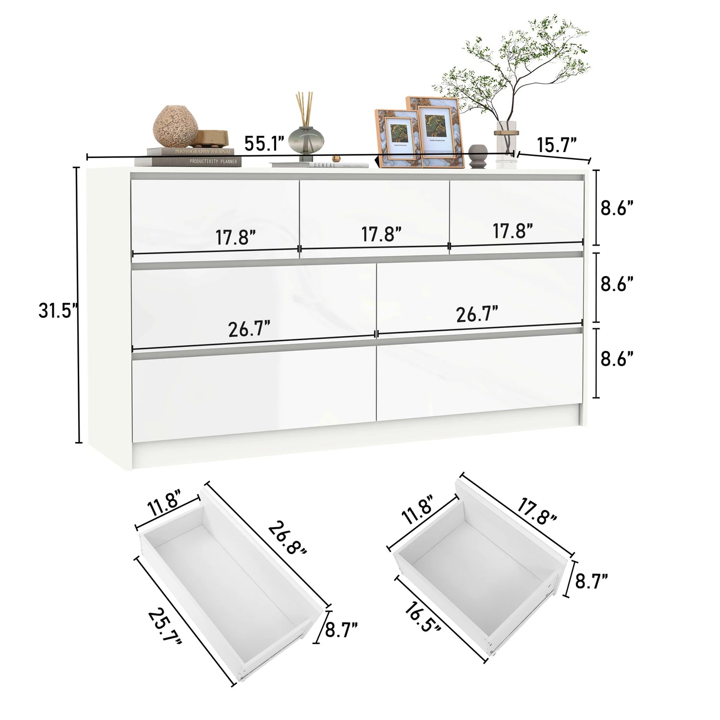 7 Drawer Dresser for Bedroom, 55 Inch Modern Dresser