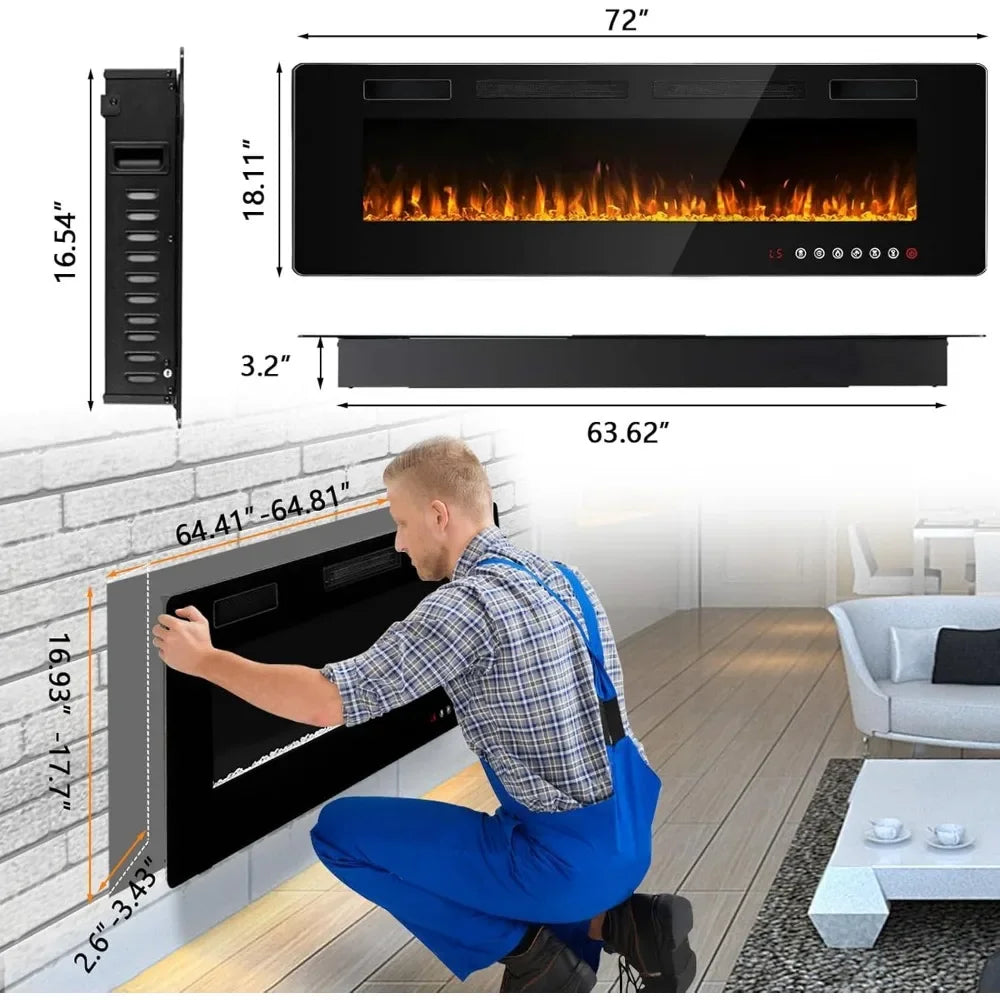 72 Inch Linear Electric Fireplace, Recessed Wall Mounted Fireplace