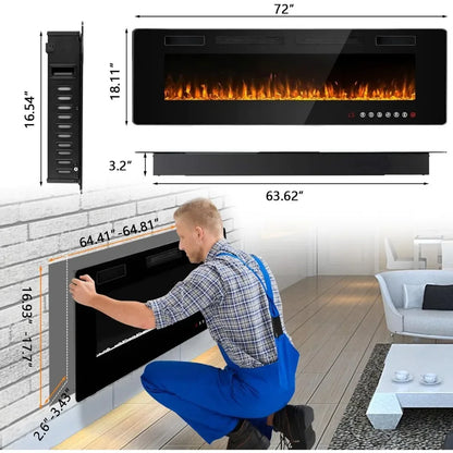 72 Inch Linear Electric Fireplace, Recessed Wall Mounted Fireplace