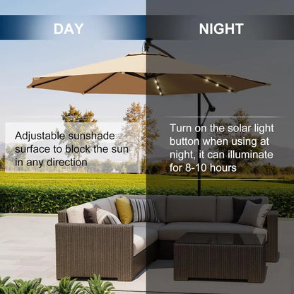 10ft Solar Lighted Patio Umbrella, Offset Cantilever, Infinite Tilt