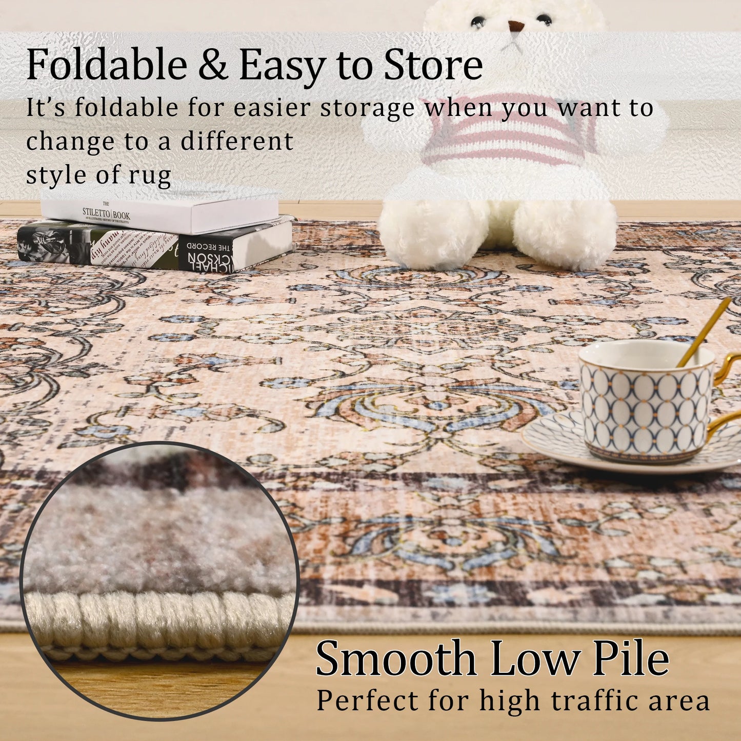 Area Vintage Rug, Machine Washable, Non-Slip Carpet