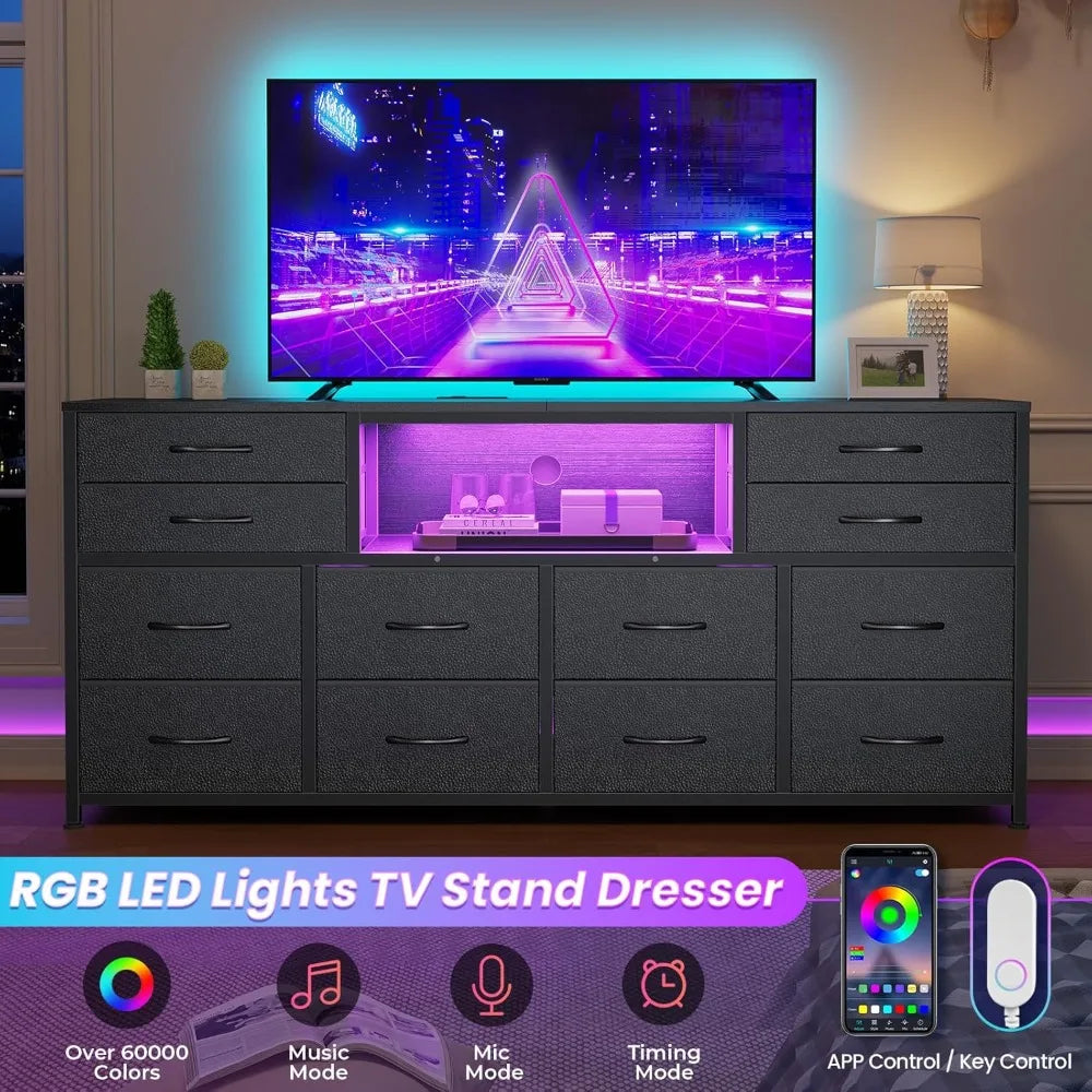 LED TV Stand Dresser for Bedroom w/Power Outlets