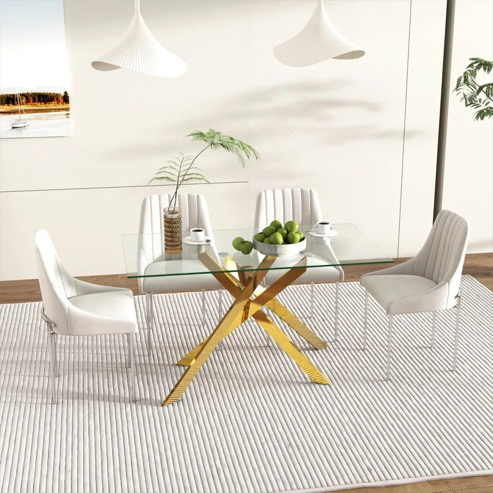 51.18" Rectangular Glass Dining Table, Tempered Glass, Metal Legs
