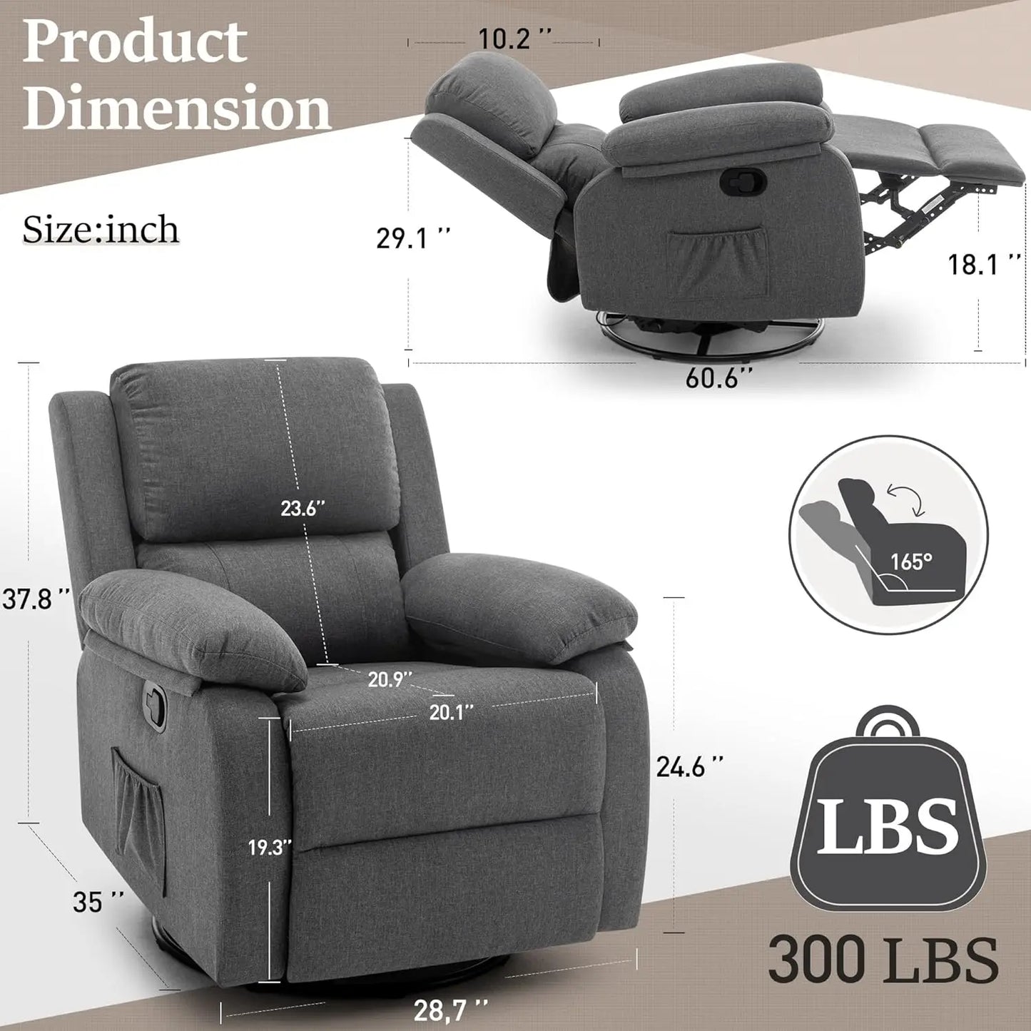 Recliner, 360 Swivel Rocker for Adults, Small Rocking Recliner