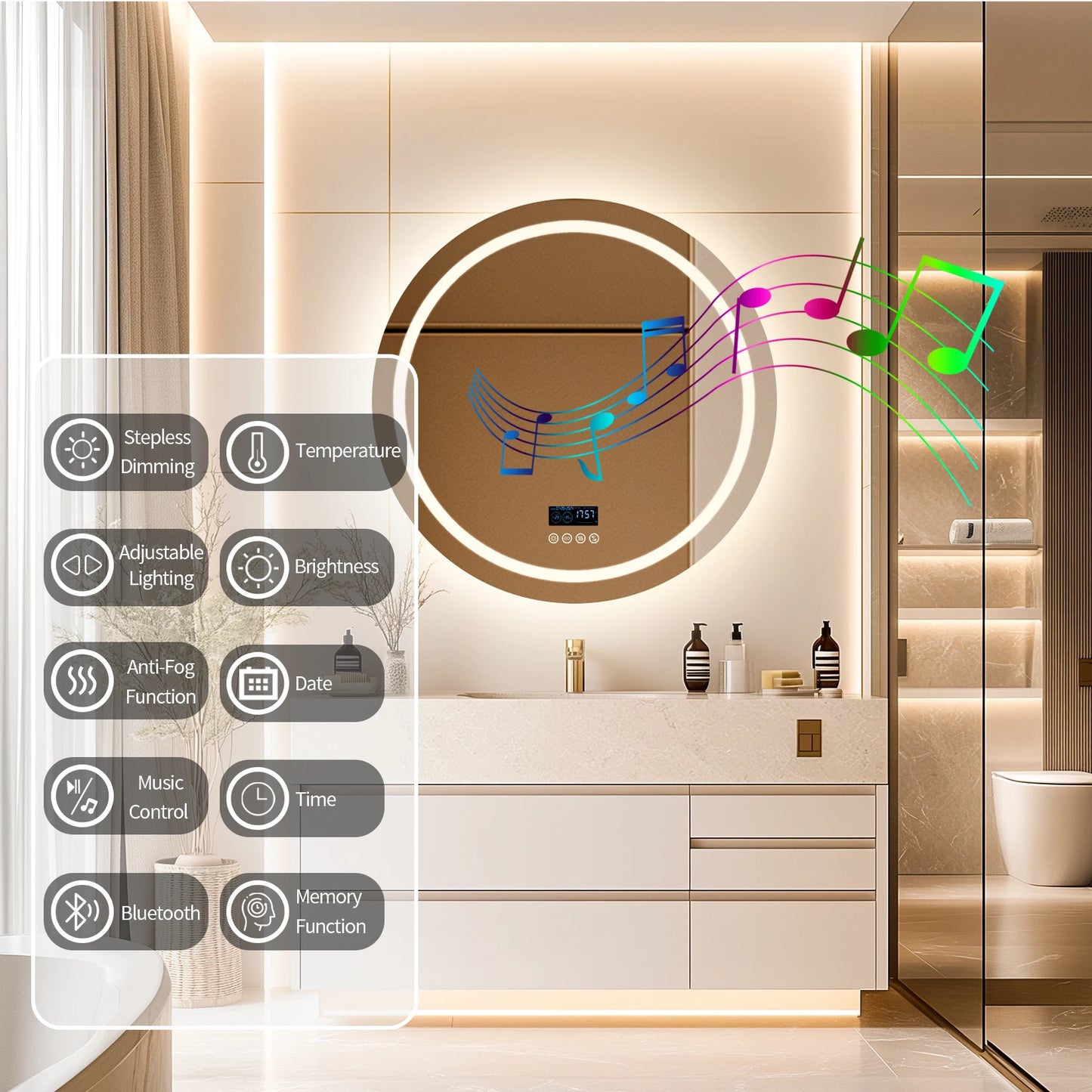 Led Bathroom Mirror, Lights,32"x32" Bluetooth Speaker Anti-Fog