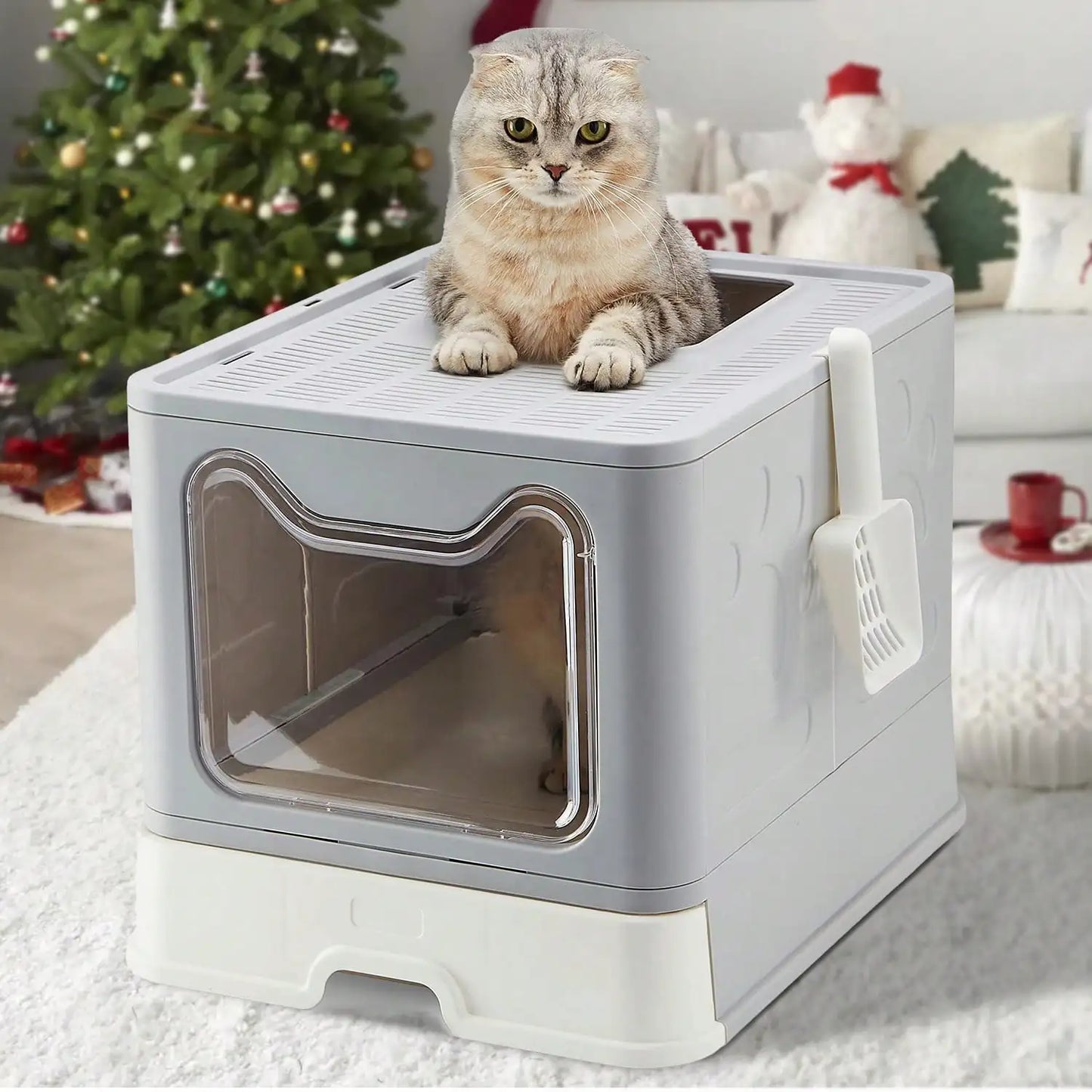 Convenient Foldable Litter Box: Drawer Design with Scooper