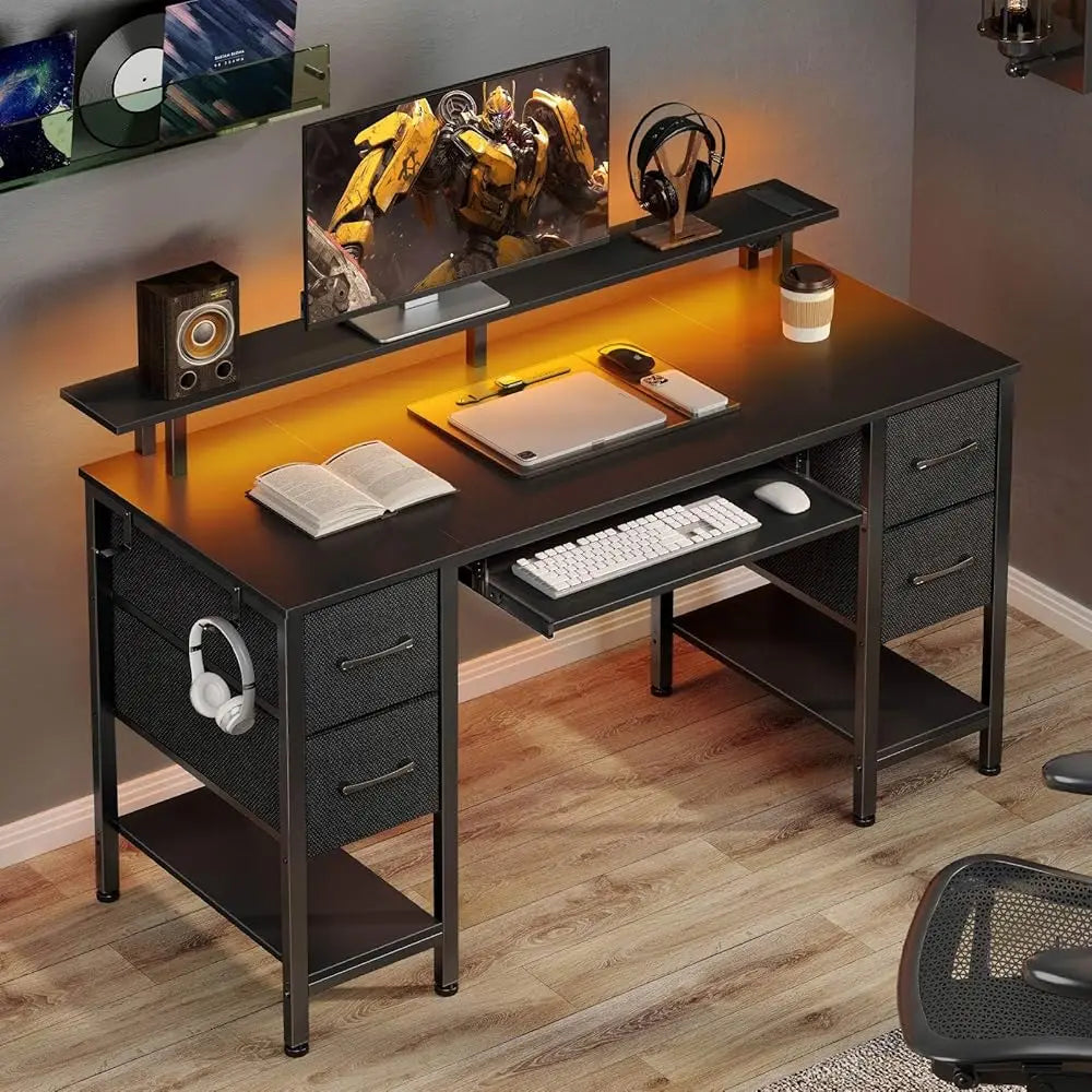 Computer Desk 47.2"" With Led Lights & Power Outlets