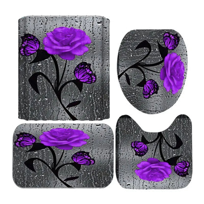 4pcs Doormat, Shower Curtain, Non-Slip Rugs Toilet Seat