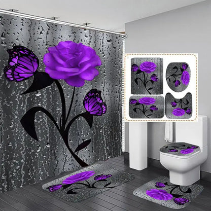 4pcs Doormat, Shower Curtain, Non-Slip Rugs Toilet Seat