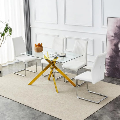 51.18" Rectangular Glass Dining Table, Tempered Glass, Metal Legs