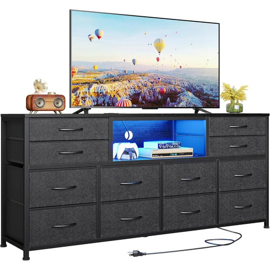 LED TV Stand Dresser for Bedroom w/Power Outlets